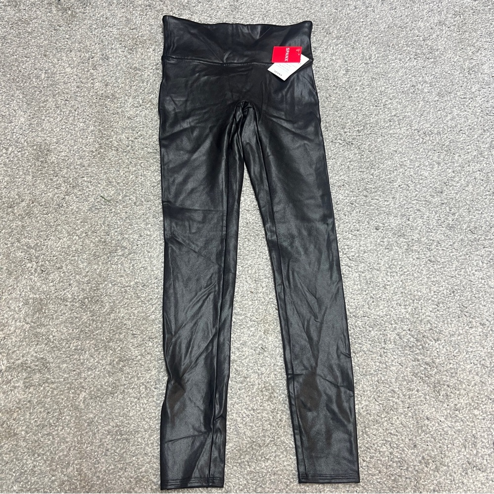 Spanx Leggings Small Black Faux Leather High Waist Glossy Coated 2437 NEW